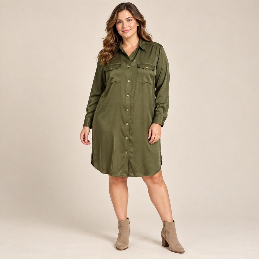 Lauren Ralph Lauren Shirt Dress Womens 14 Olive Green Satin Button Up Long